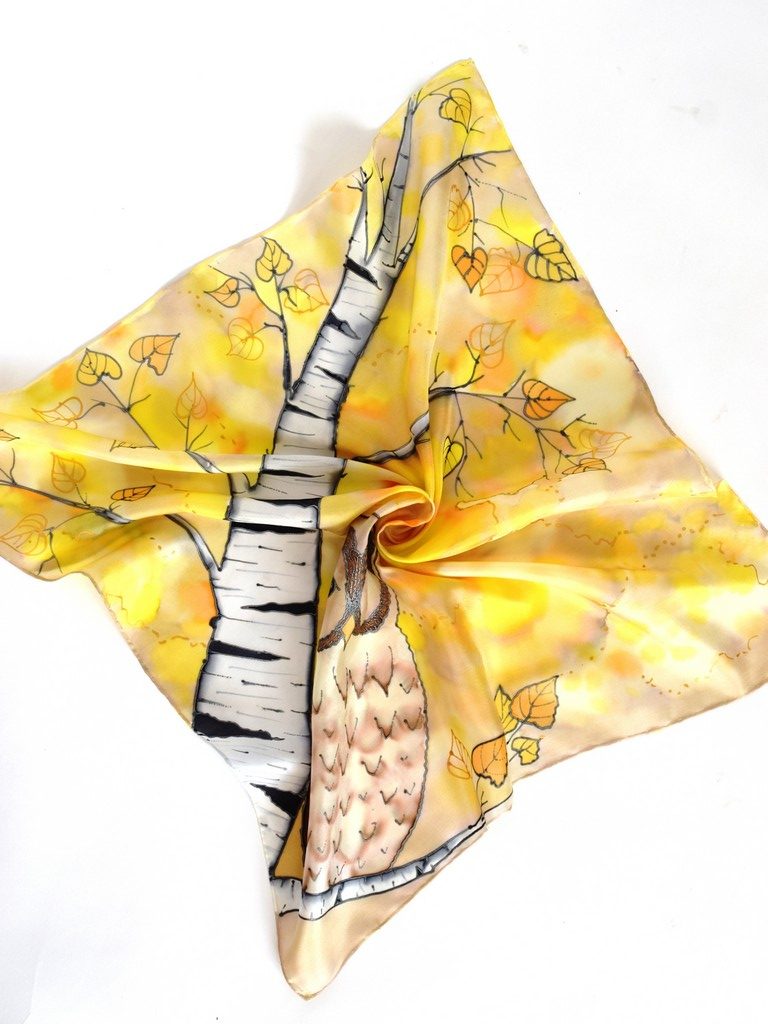 Birch Trees and Owls Yellow Scarf