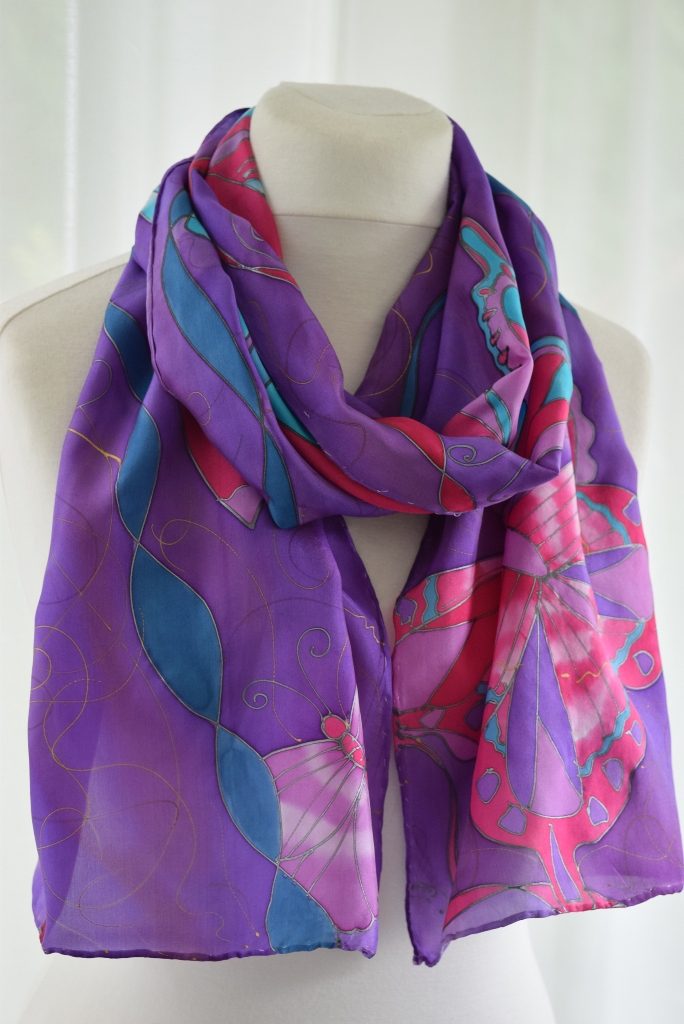 Purple Pink Butterfly Scarf, butterfly scarf , foulard en soie