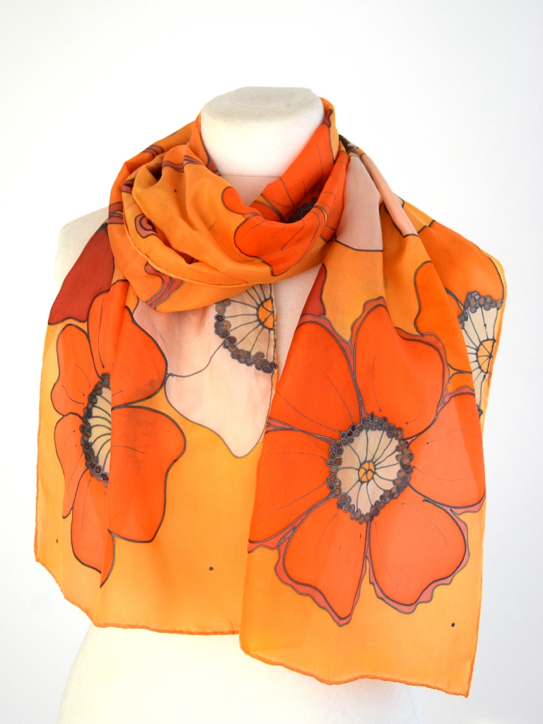 Floral Orange Silk Scarf